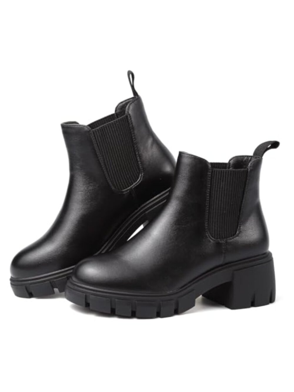 Women's Chelsea Ankle Boots PU Leather Chunky Block Heel Lug Sole
